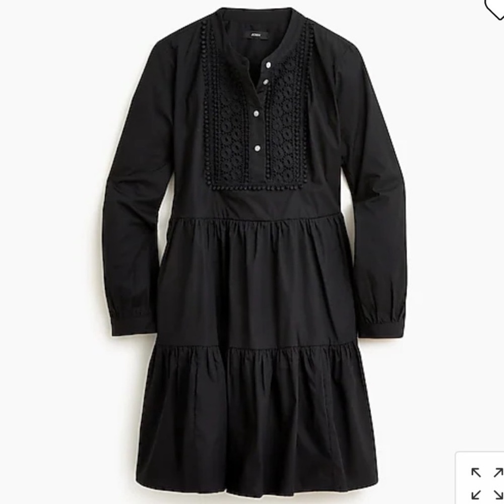 J. Crew Embroidered Poplin Tiered Dress Size Small Cotton Black Long Sleeve